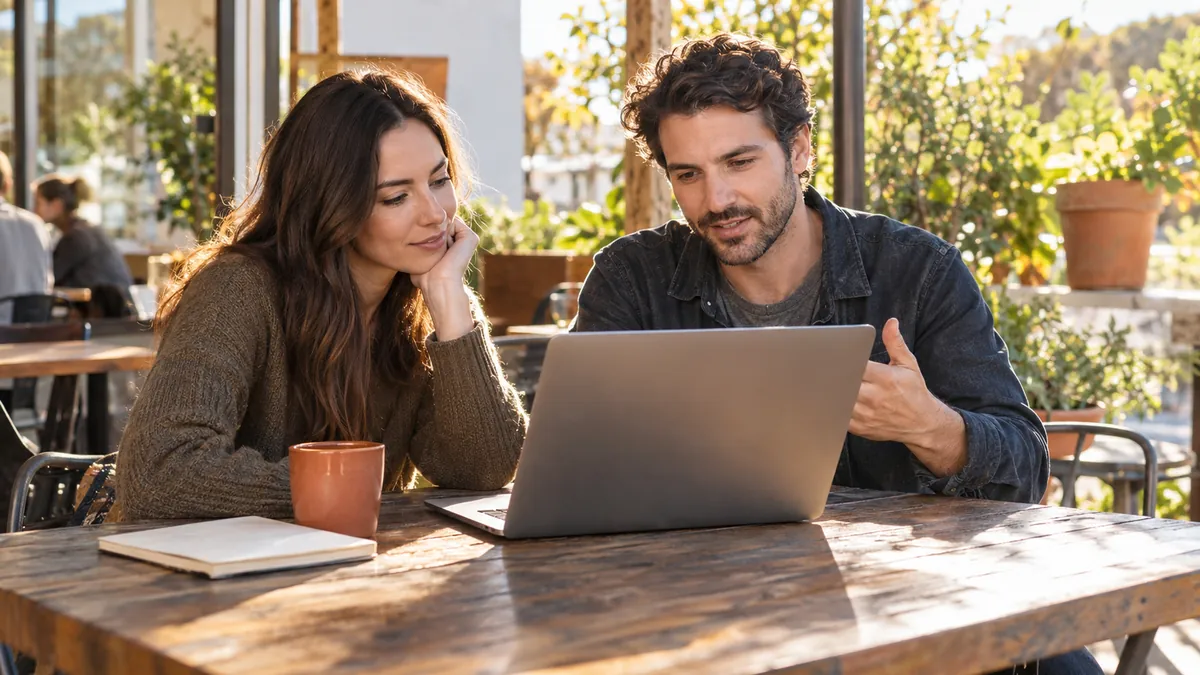 Two young adult freelancers reviewing a laptop together at a sunny cafe table