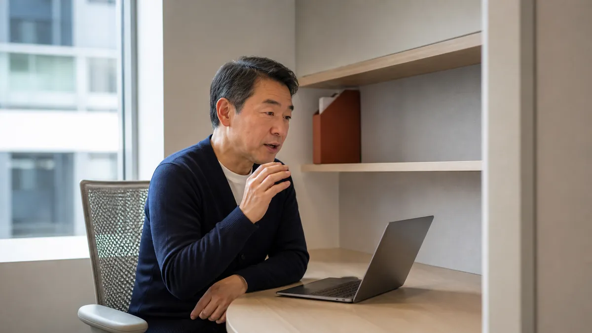 Asian man speaking softly toward an open laptop in a quiet office alcove