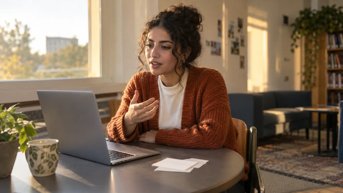 Young adult speaking toward a single laptop beside blank index cards in a sunlit common room
