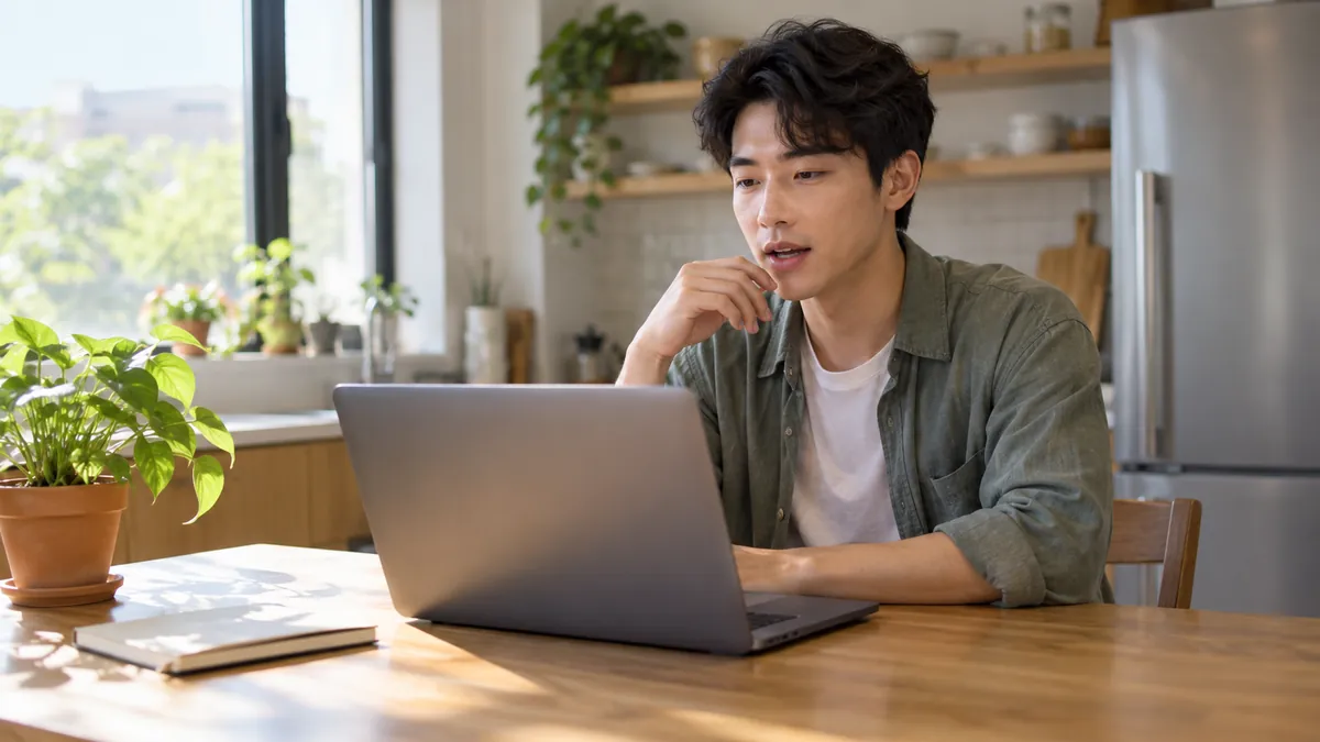Young adult testing dictation on one laptop at a sunlit kitchen table