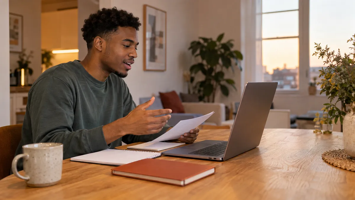 Young postgraduate student testing macOS Tahoe Dictation beside one open laptop at home
