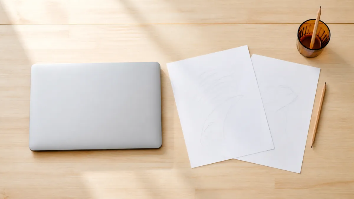 Proofreading pages, a pencil, and one open laptop arranged on a bright wooden desk