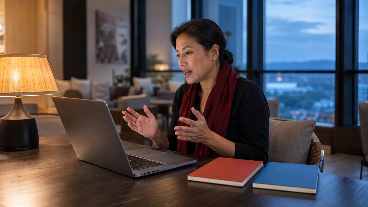 Bilingual professional comparing language notes beside one open laptop at a library table
