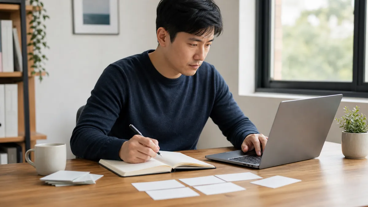 Laptop and study notes on a desk for a language-practice session