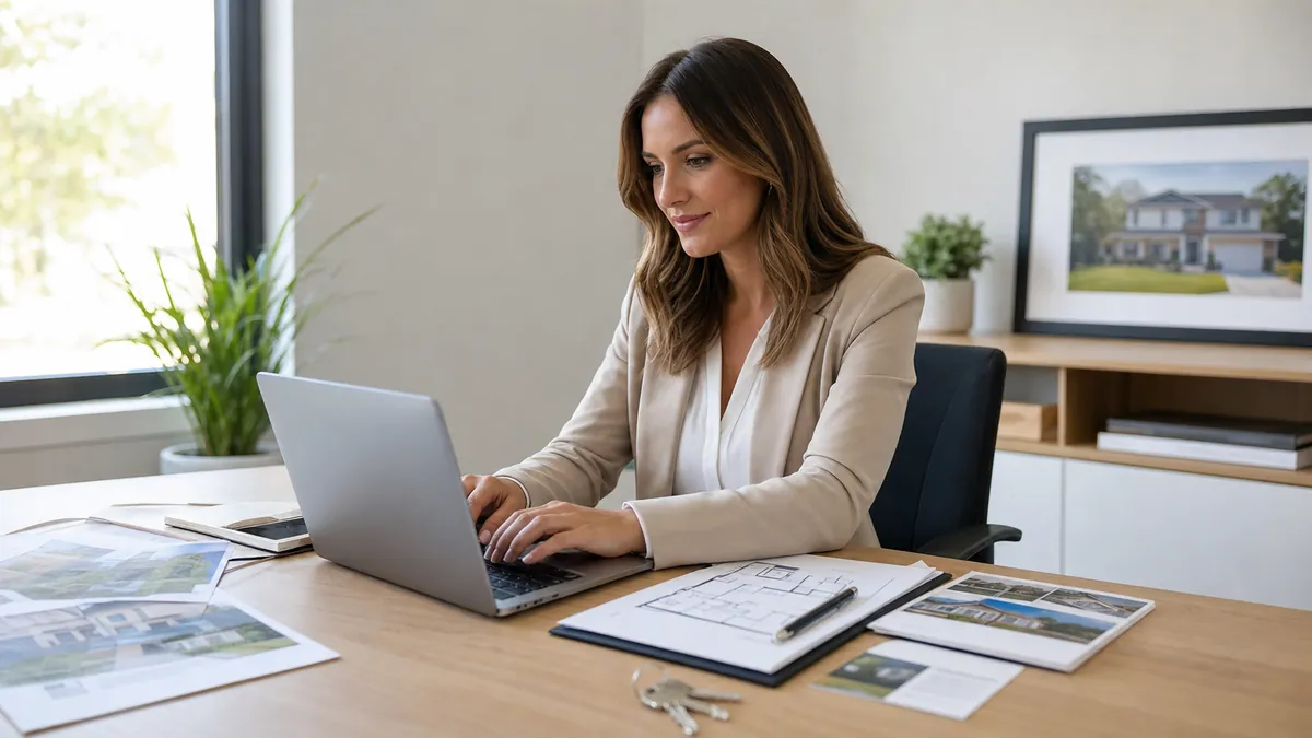 Real estate agent dictating showing notes at a laptop in a bright office