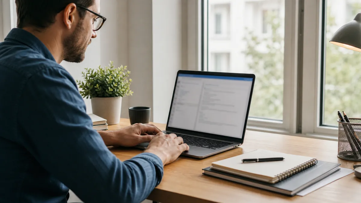 Person using a laptop to organize notes in a workspace