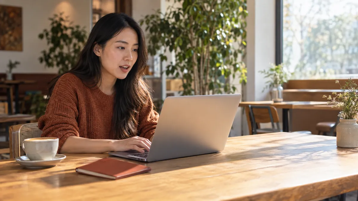 A 29-year-old woman practising voice typing at one laptop in a sunlit cafe