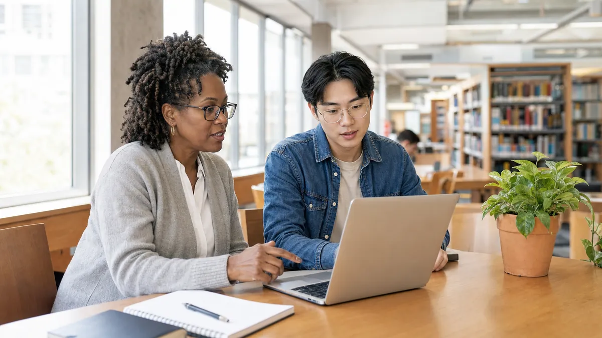 Two colleagues using push-to-talk dictation at a laptop in a bright university library with a warm terracotta accent