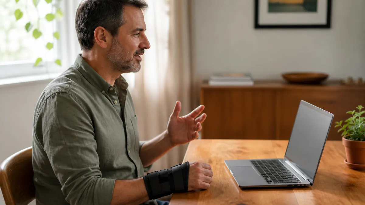 Professional wearing a wrist support and speaking toward a laptop at a warm home-office desk