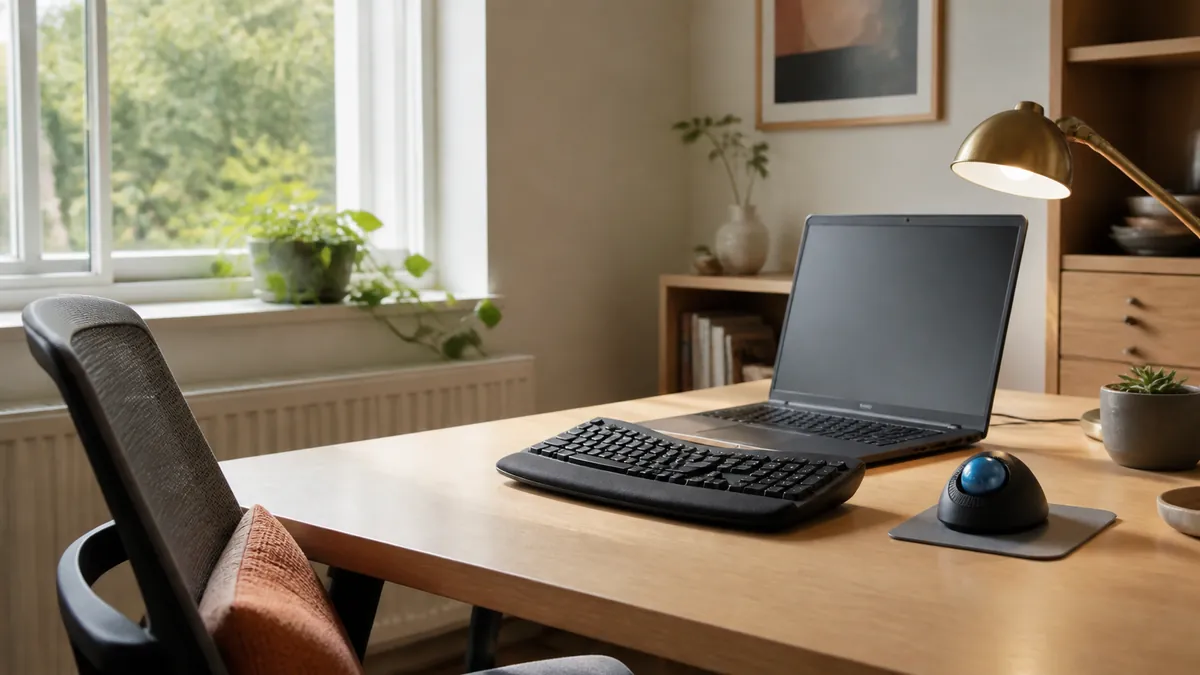 Accessible home workstation with a laptop, ergonomic keyboard, and adaptive trackball in warm afternoon light