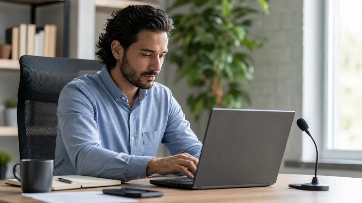 Professional working at a Windows laptop while dictating notes at a clean desk